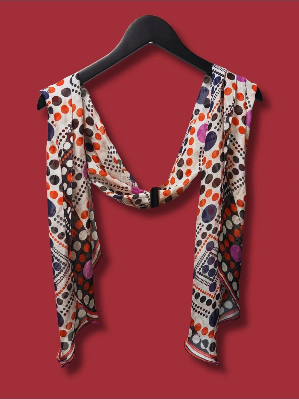 Vintage Y2K 100% Silk CAbi Ivory Scarf with Red, Pink & Black Polka Dots